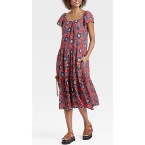 KNOX ROSE Red Blue Rebel Floral Boho Flutter Sleeve Tiered Midi Dress Plus XXL